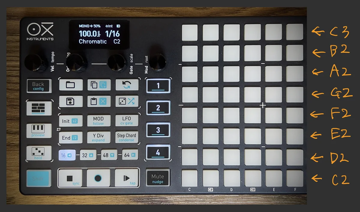 OXI ONE上に音階が図示されている様子 Major C